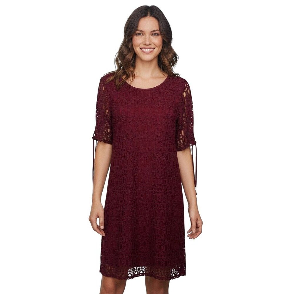 Petite 6 Burgundy Crochet Lace Dress By Established 1962 - Picture 2 of 10
